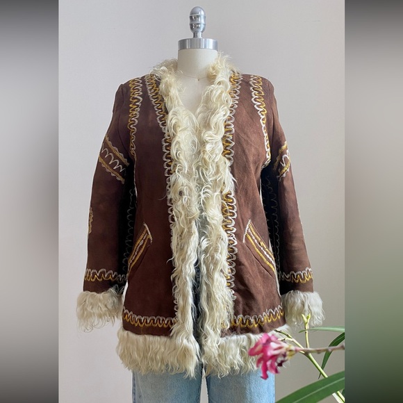 Jackets & Blazers - Vintage 1960s 1970s Afghan Penny Lane Shearling Suede Fur Trim Embroidered Coat